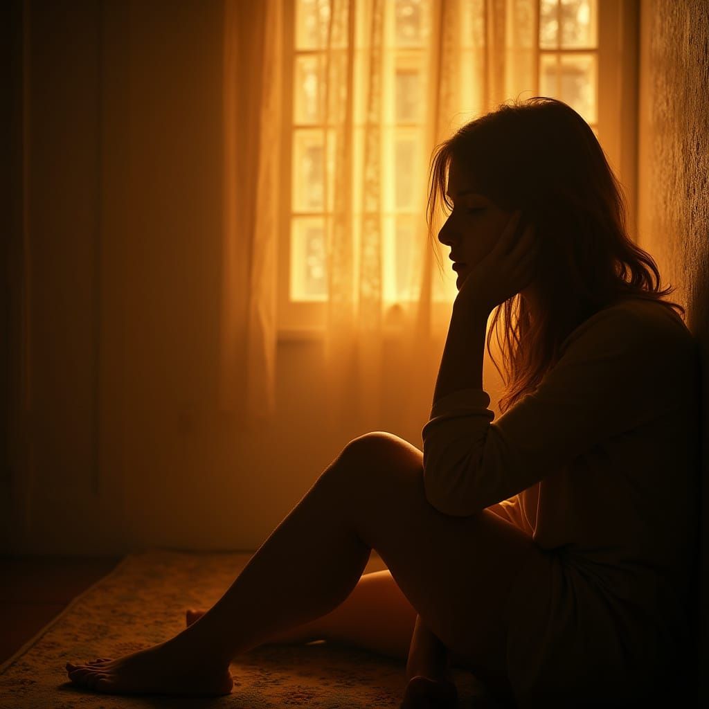 Woman Lost in Thought with Golden Cinematic Lighting