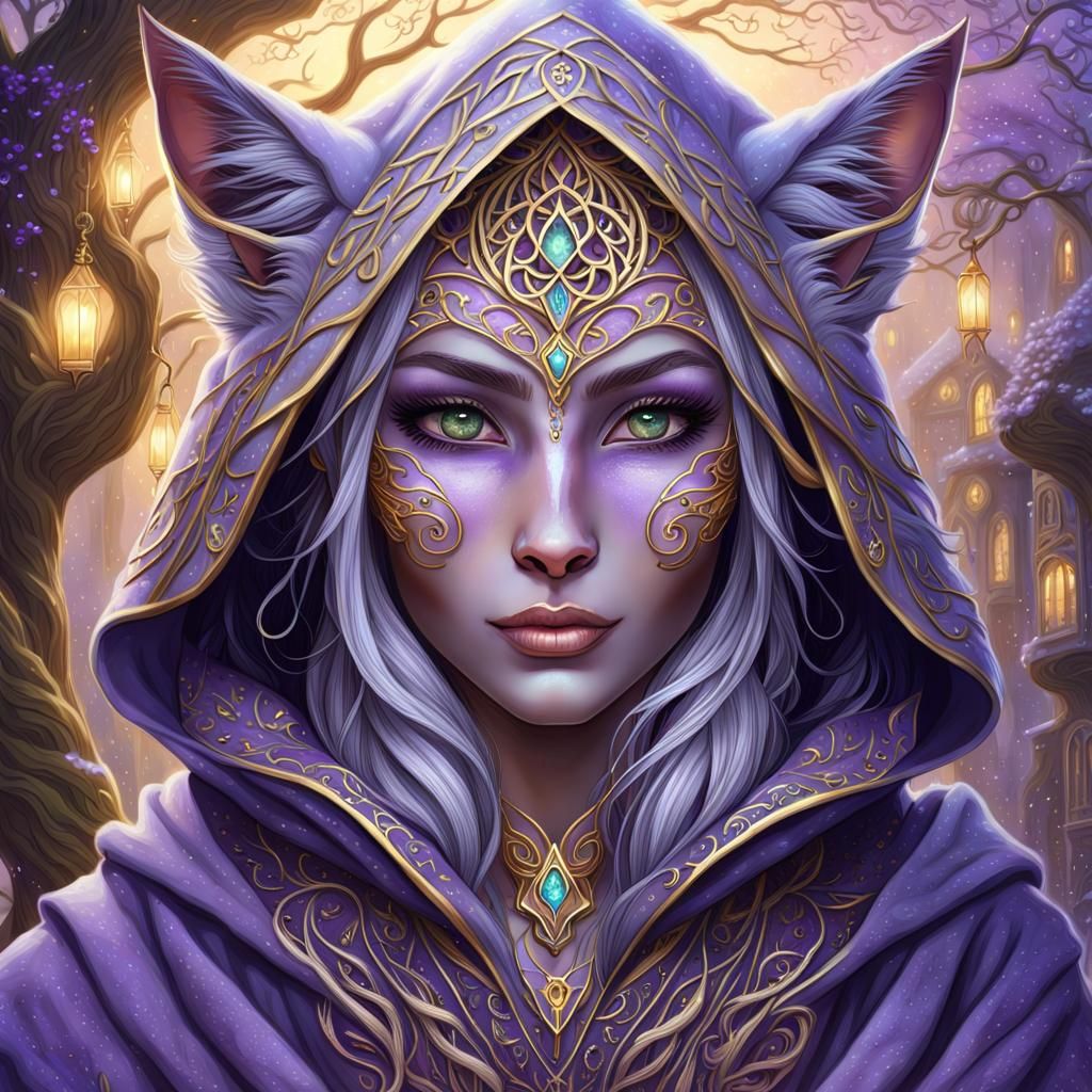 Elven Cat Druid with Golden Treehouse, Airbrush Art
