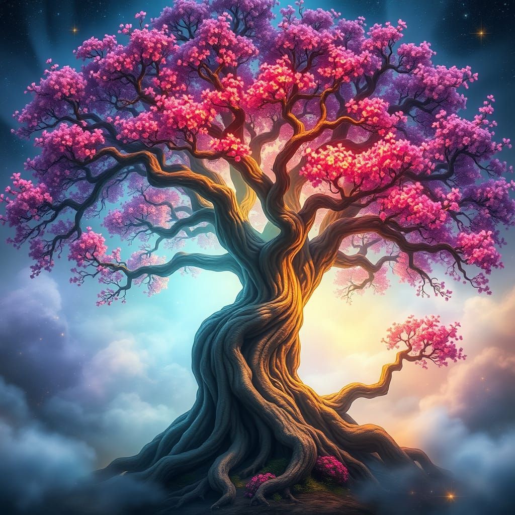 Ancient Blossoming Tree in Ethereal Glow