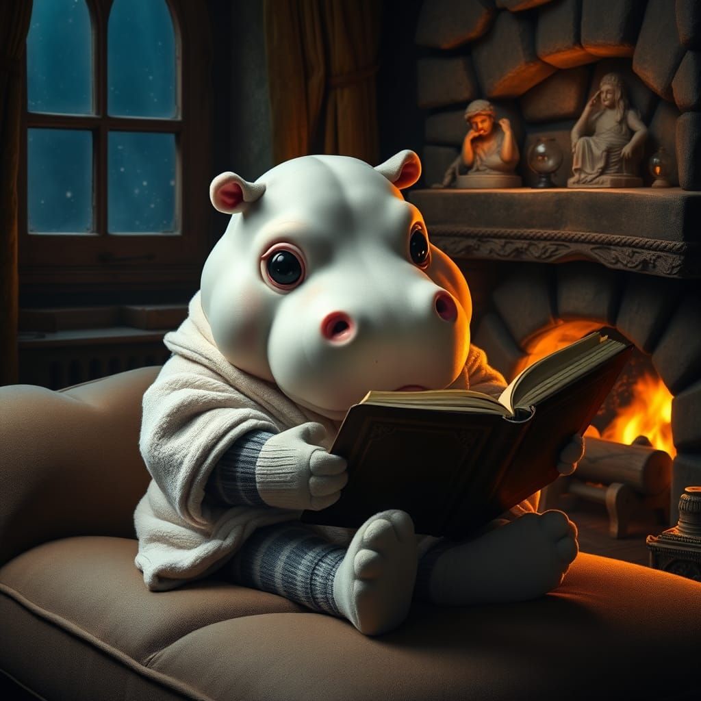 Fluffy Hippo Reading Book, Fantasy Art