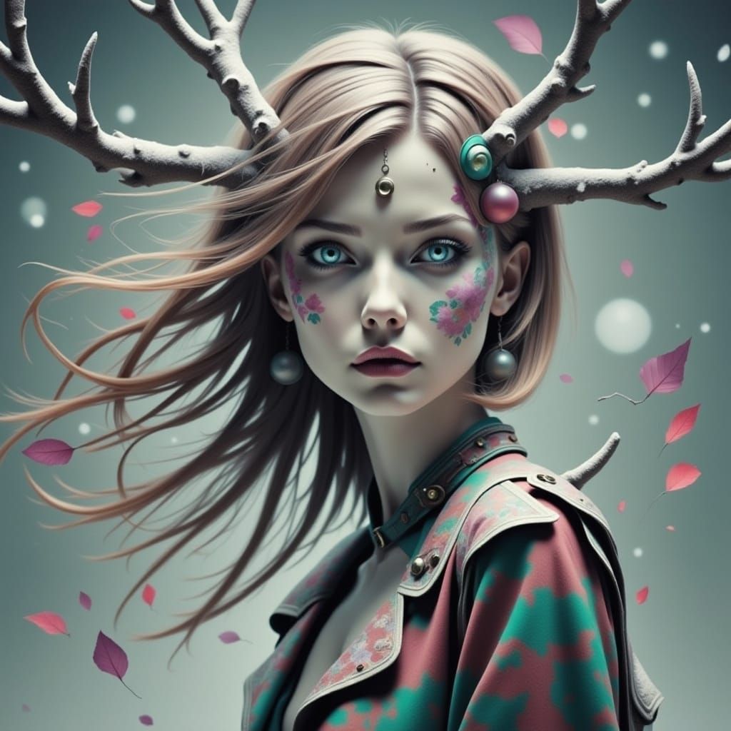 Winter Spirit Fae with Owl Wings and Antlers