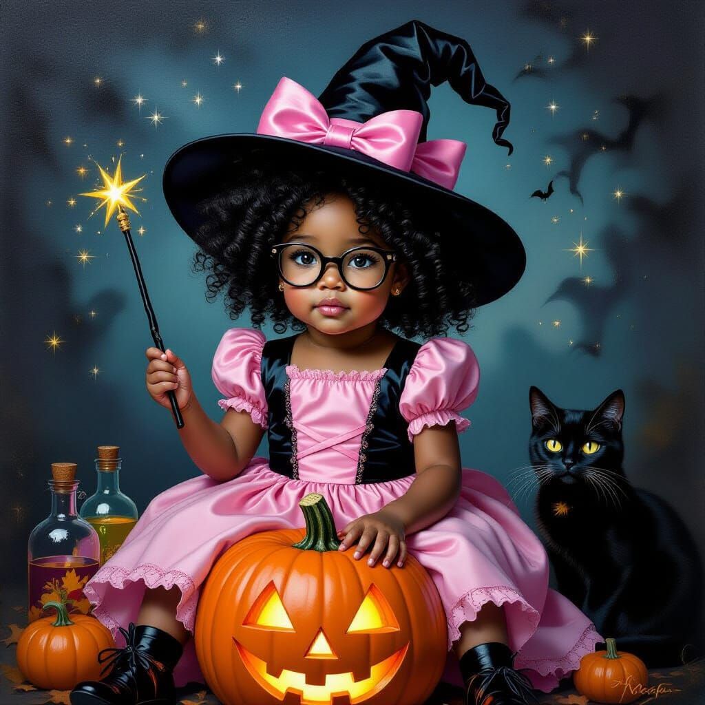 Black Toddler Witch Oil Painting with Cat and Pumpkin
