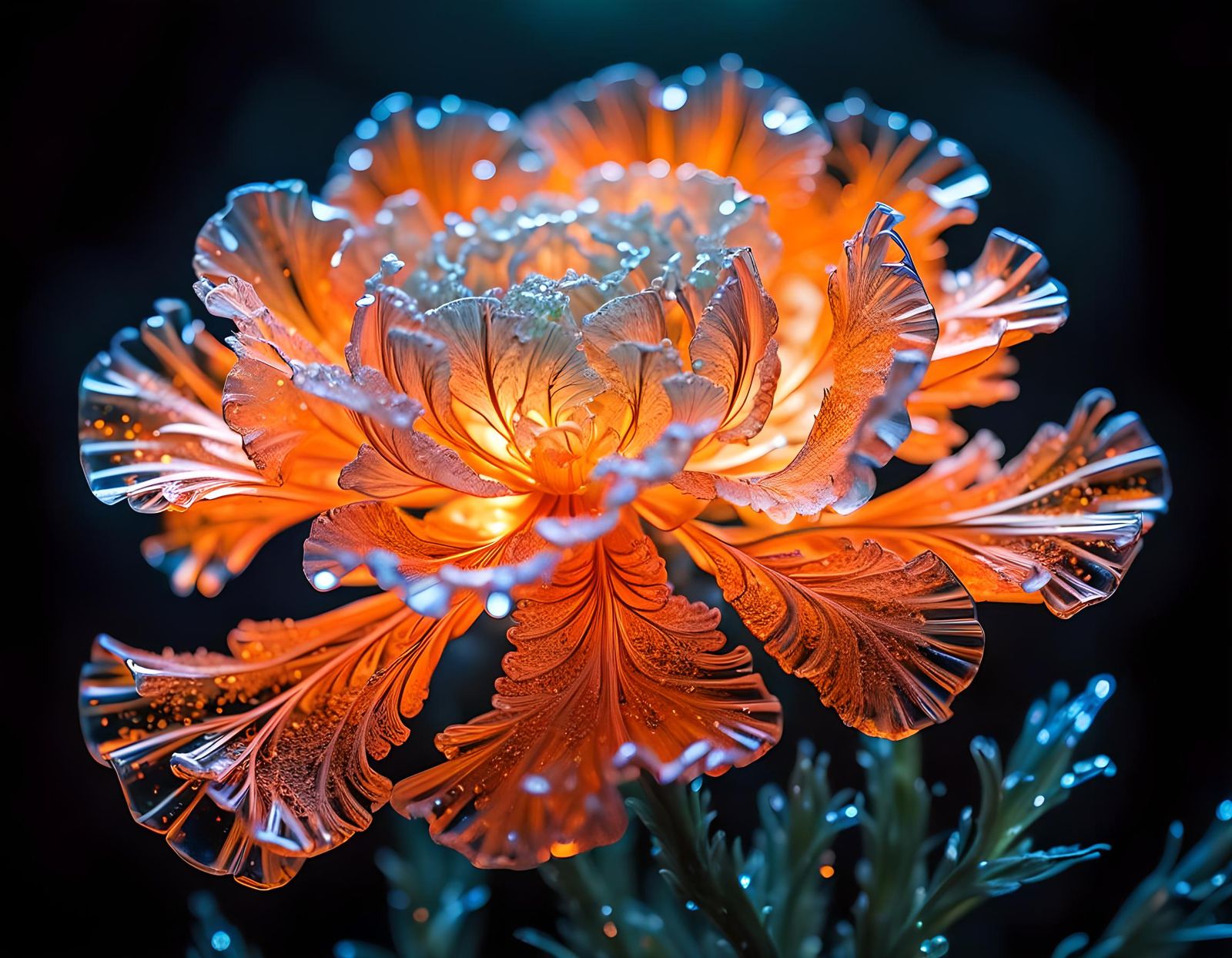 Bioluminescent Glass Carnation in Crystal Forest