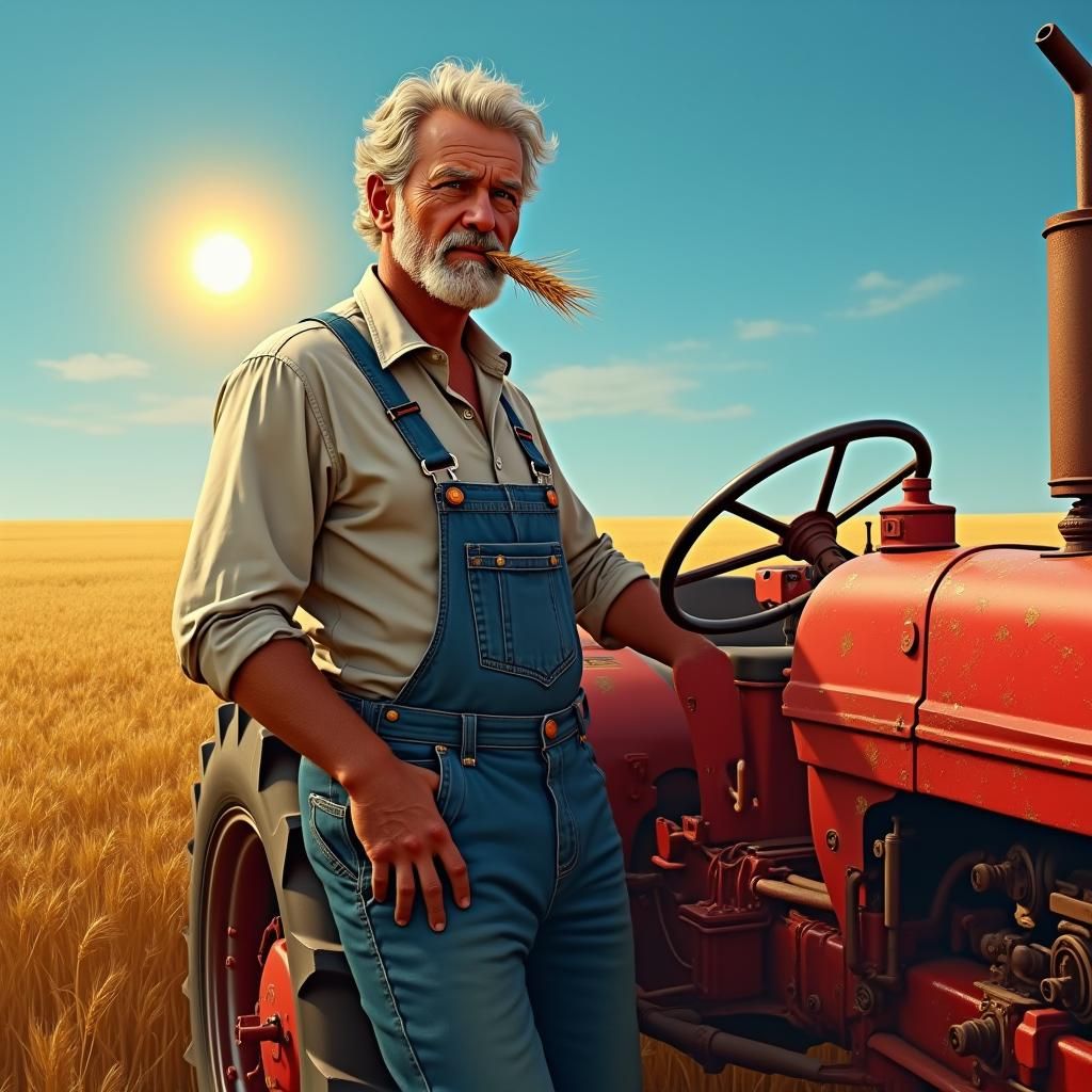 Farmer and Tractor in Golden Field, Matte Painting Style