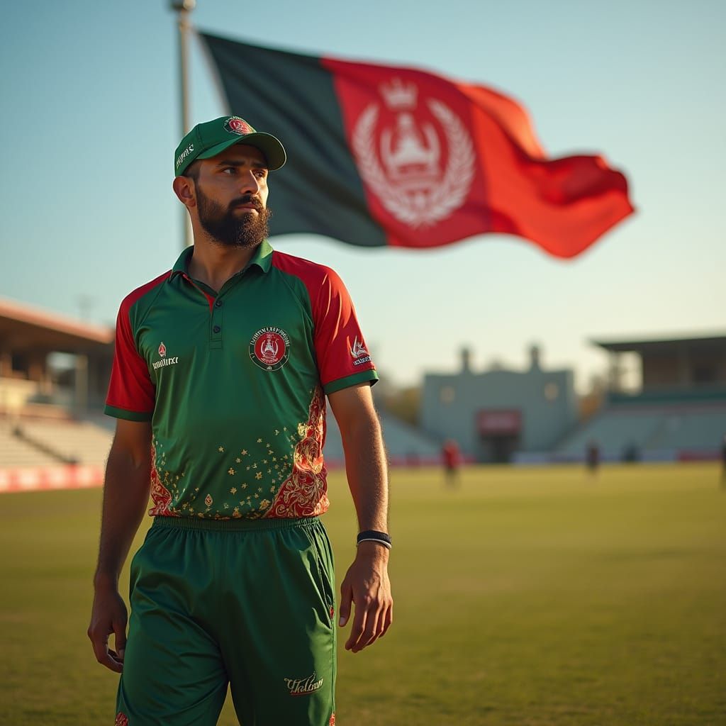 Afghan Cricketer Portrait with National Flag