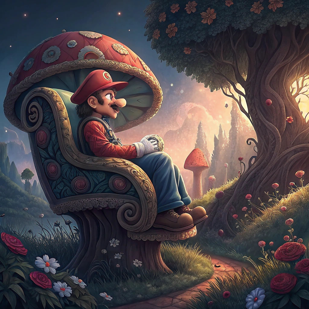 Mario Lounging in Mushroom Armchair, Digital Art