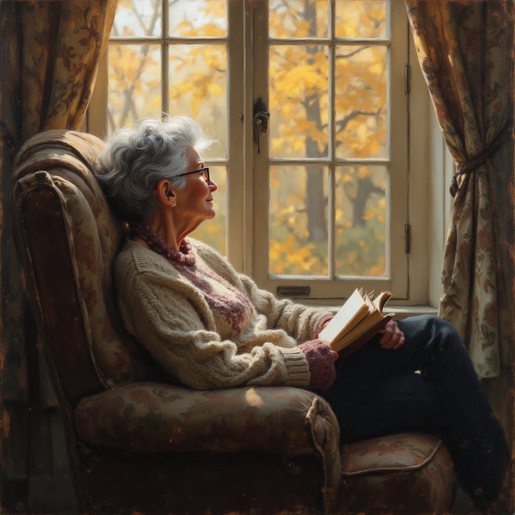 Grandma in Armchair Overlooking Wooded Landscape
