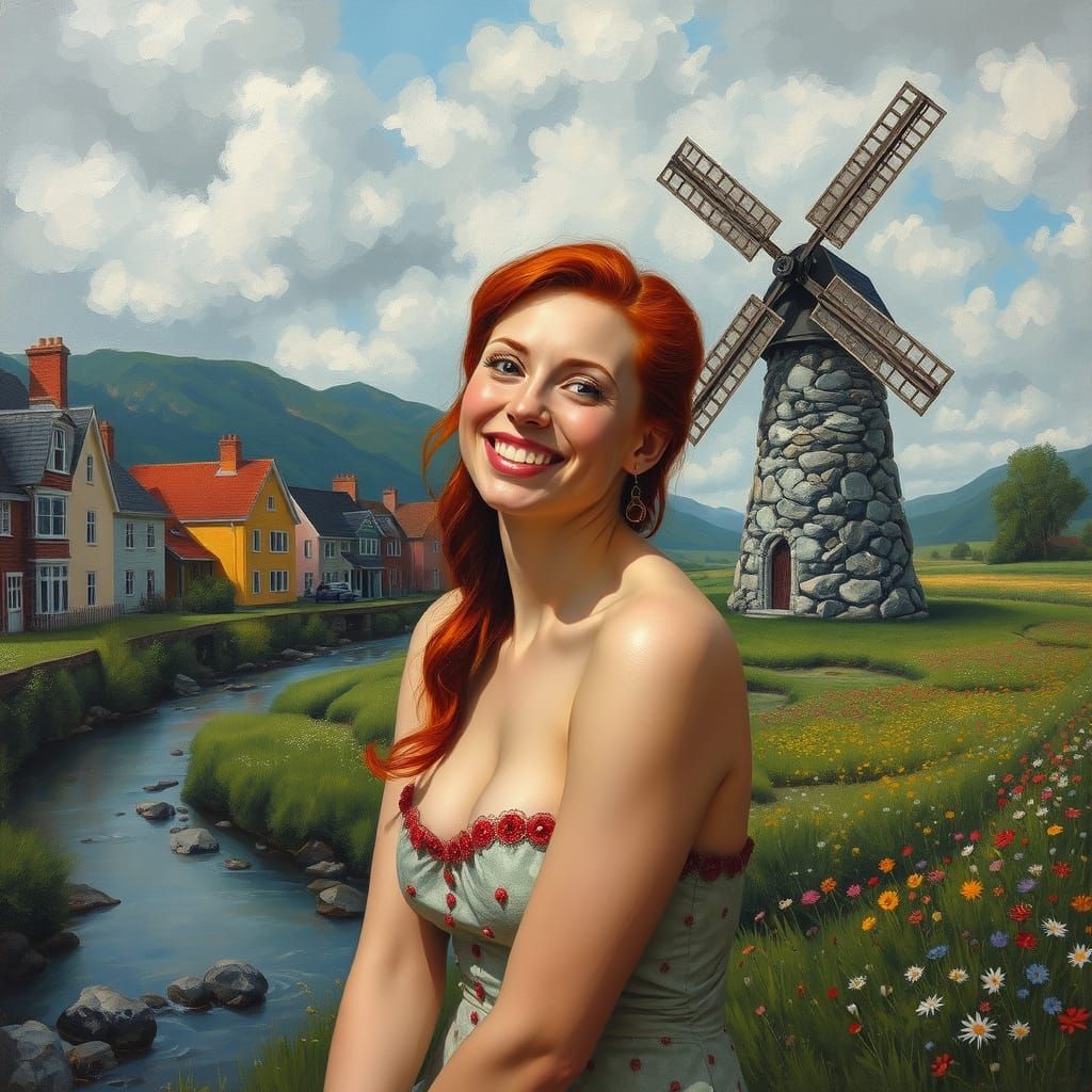 Vibrant Pinup Goddess in Whimsical Landscape