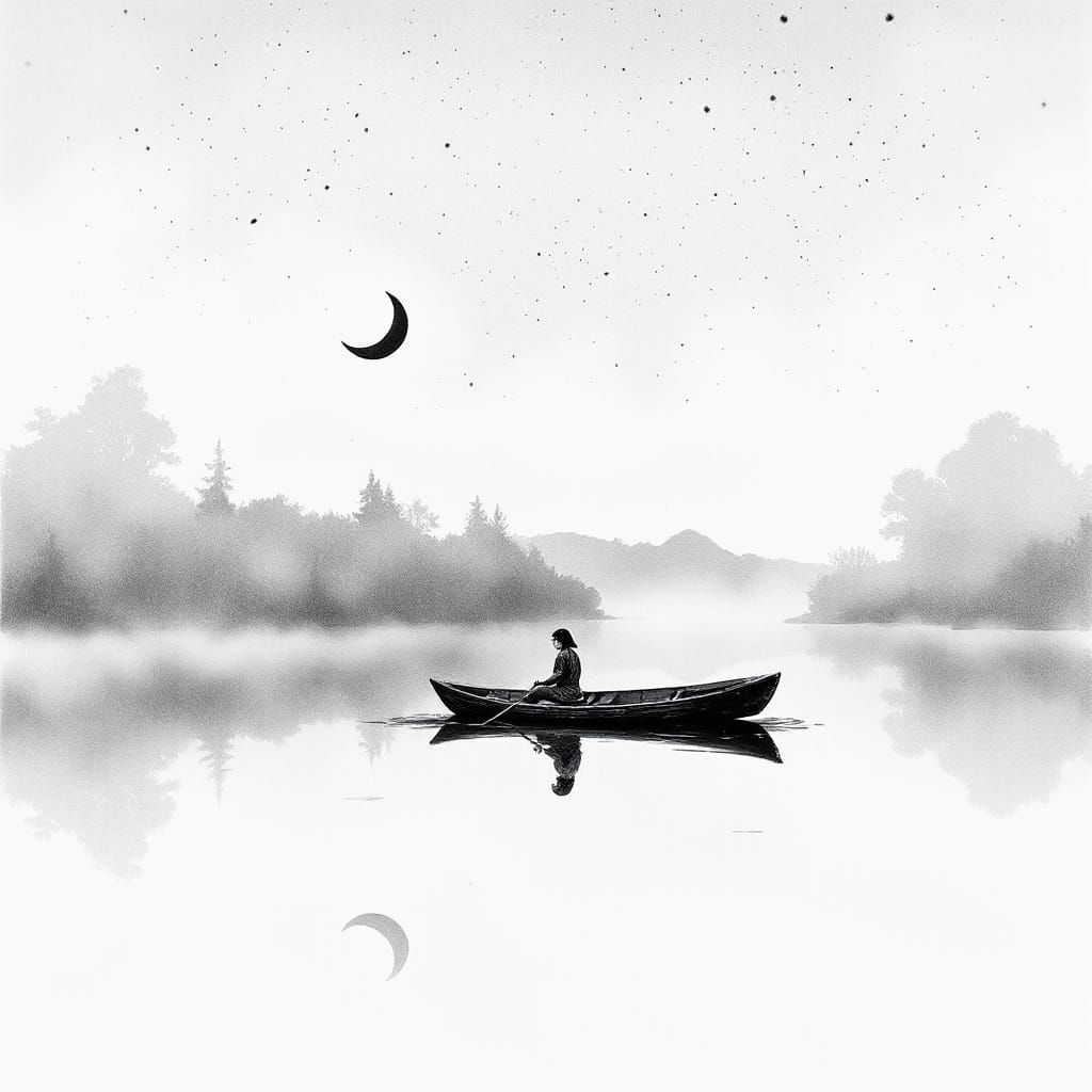 Lone Figure in Misty Lake Under Crescent Moon Ink Illustrati...