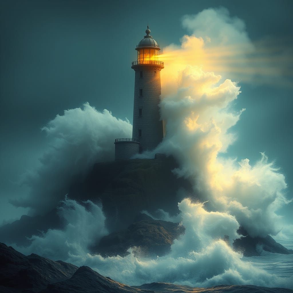 Majestic Lighthouse in Golden Yellow, Standing Tall Amidst T...