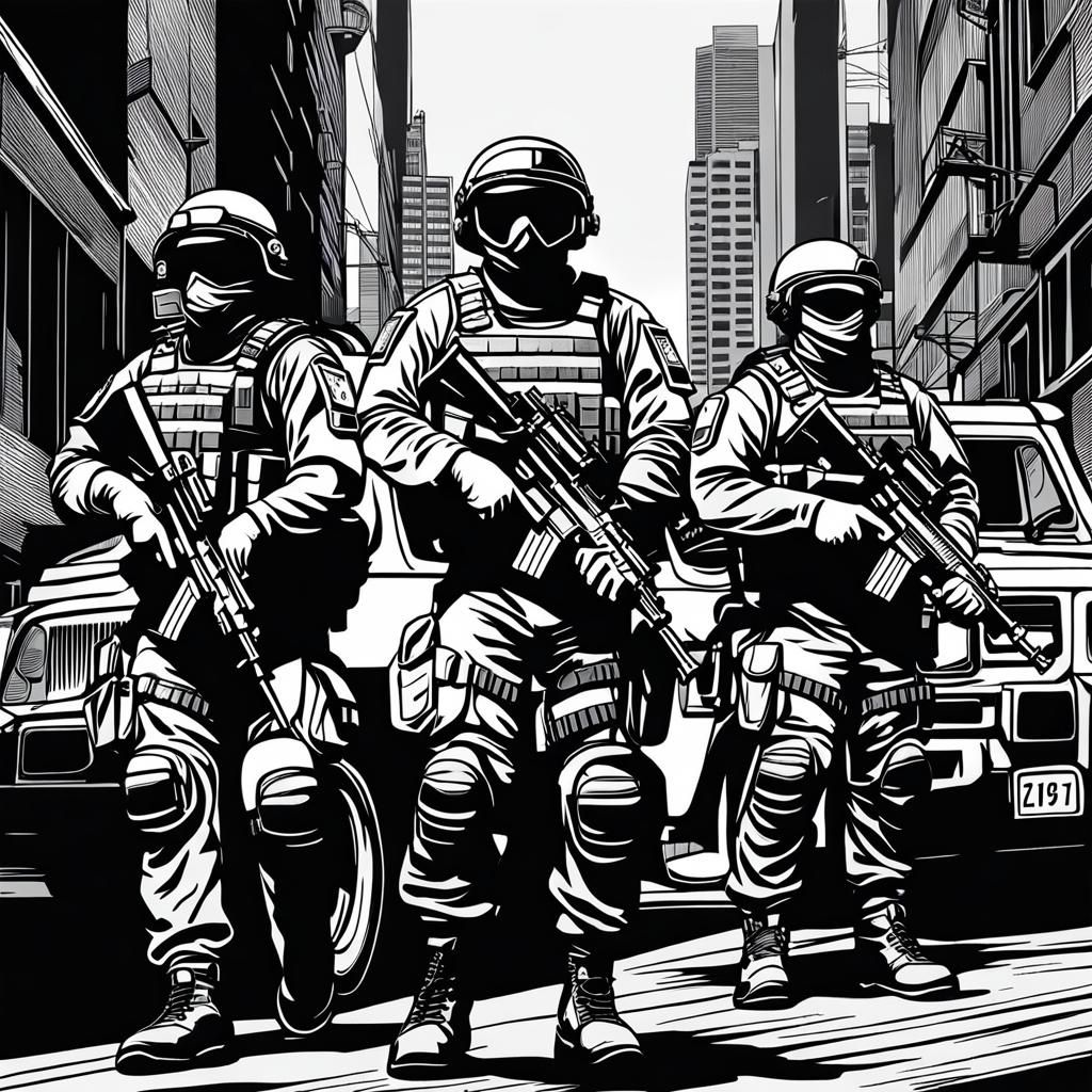 Detailed SWAT Squad in Black and White Line Art