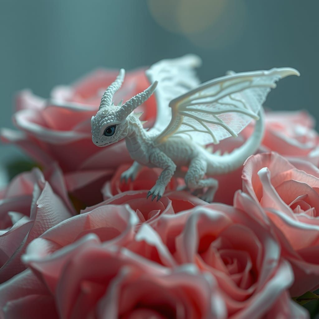 Ethereal Snow Dragon Amidst Velvet Roses
