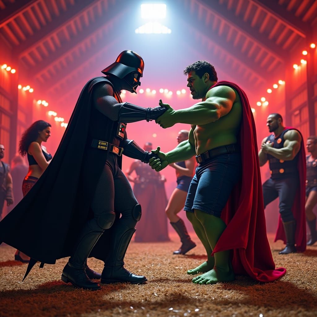 Darth Vader and Superheroes Square Dancing in Barn