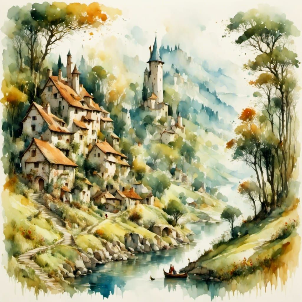 Medieval Scene in Soft Watercolor Style