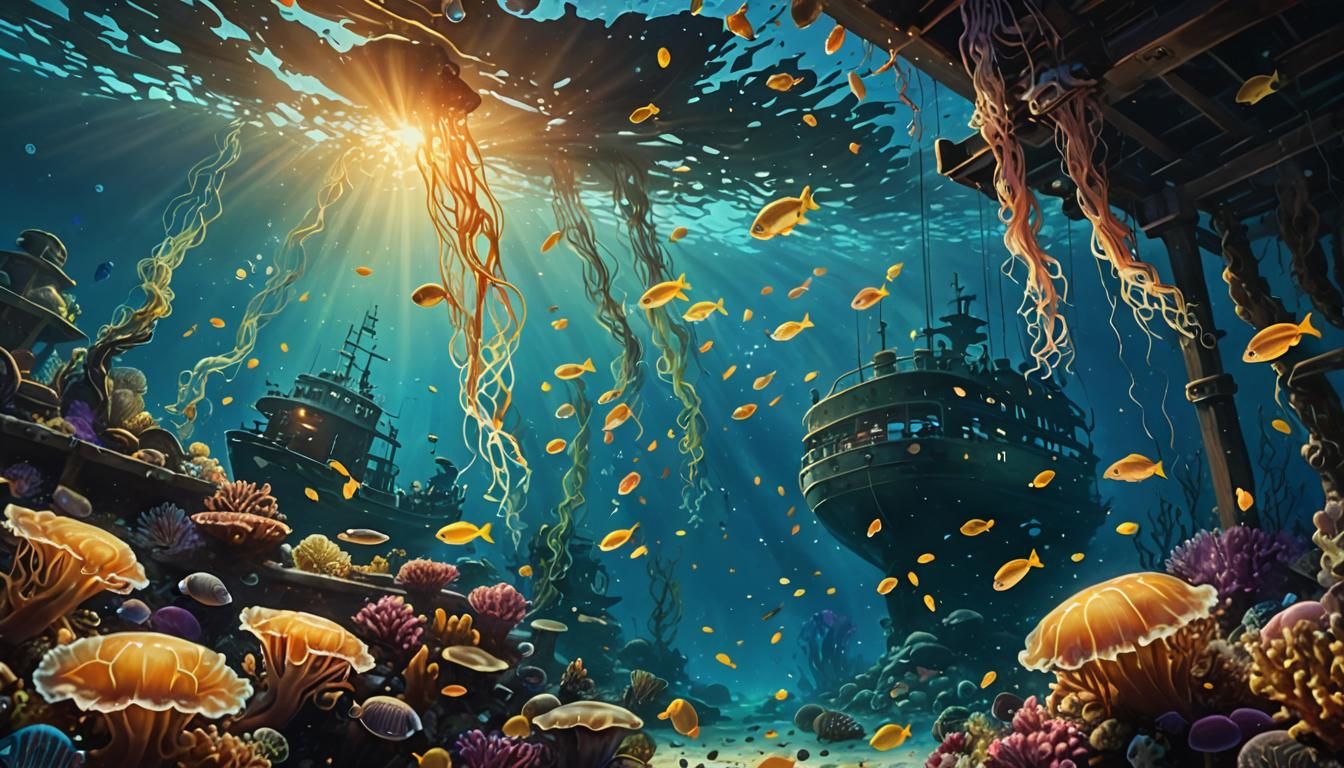 Bioluminescent Fish in a Coral Reef Oil Painting