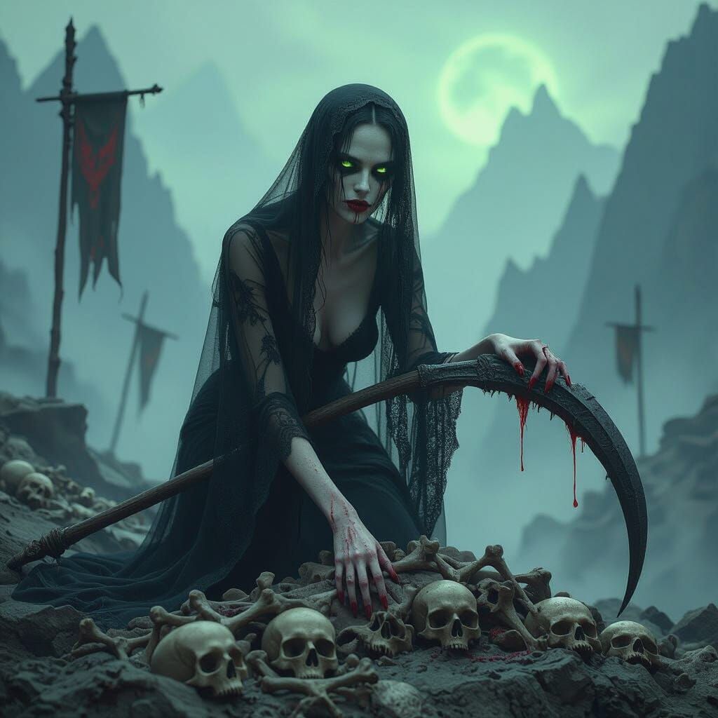 Skeletal Woman in Lace Nightgown with Scythe