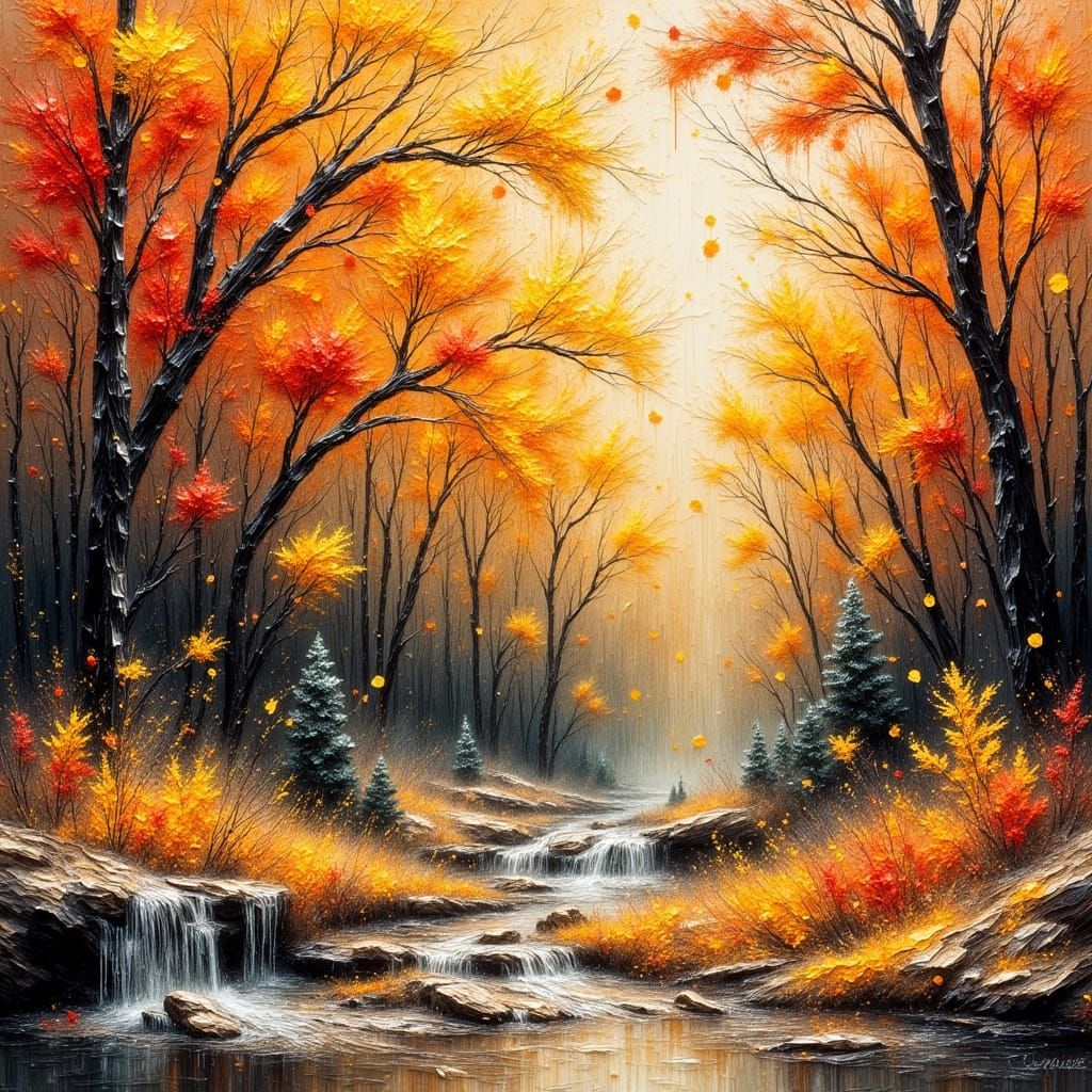 Autumn Landscape in Rain: Watercolor Gouache Impression