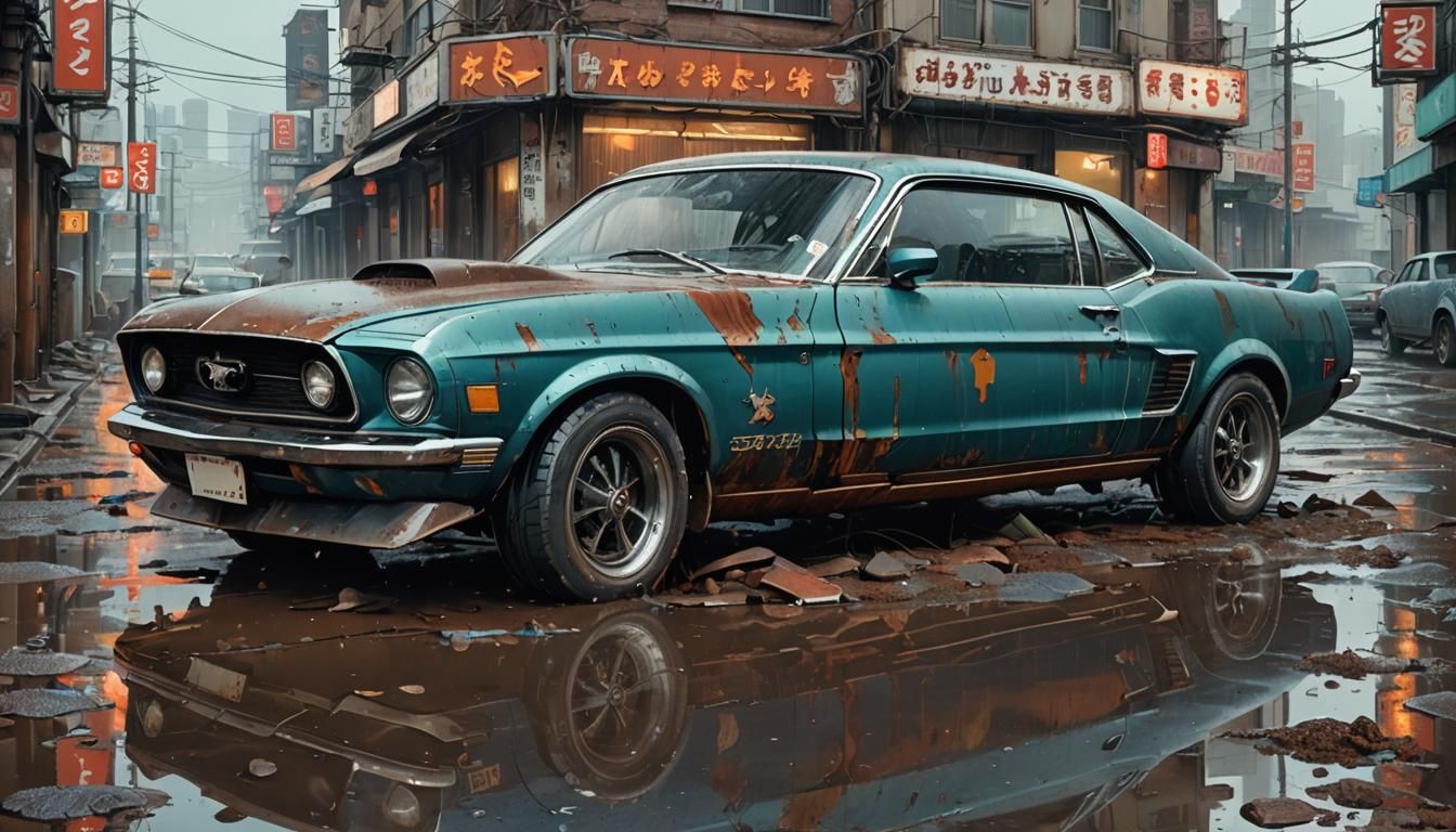 Decaying 1977 Ford Mustang in Post-Apocalyptic Setting