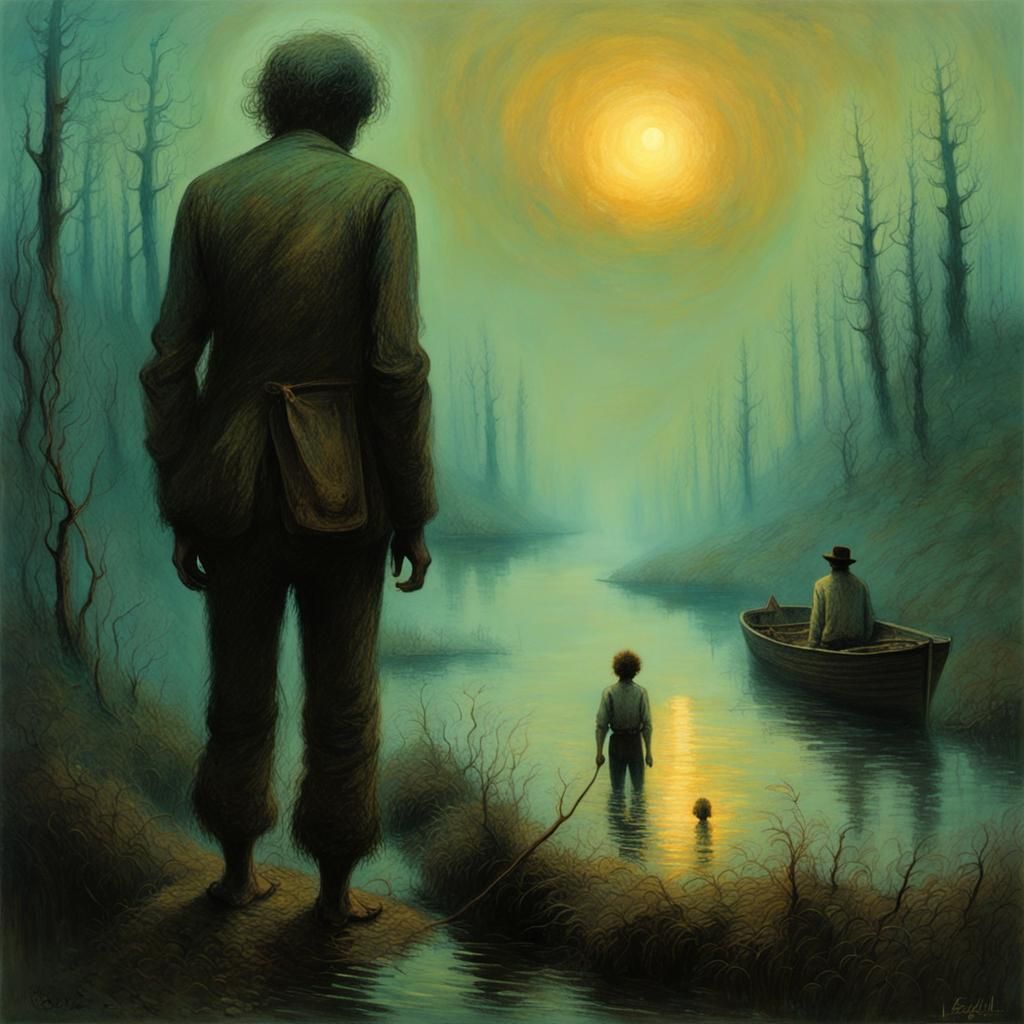 Huckleberry Finn in Dark Surrealism Style
