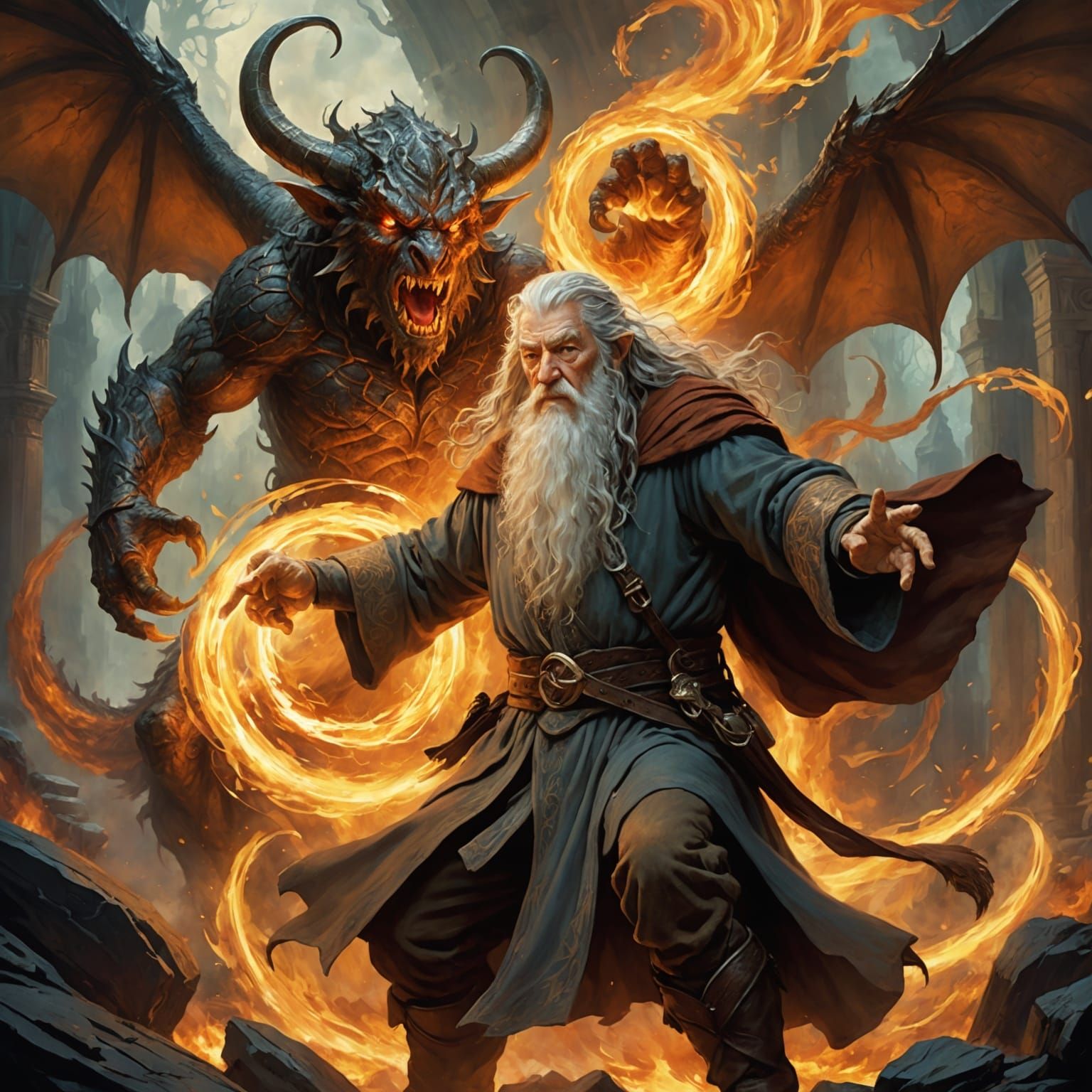 Epic Showdown: Wizard vs Fire Demon in Charcoal