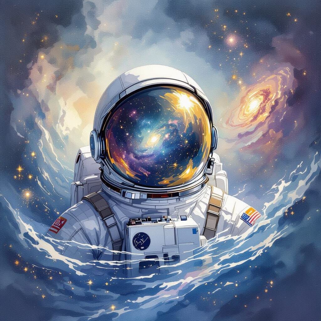 Astronaut Adrift in Cosmic Ocean with Nebulae