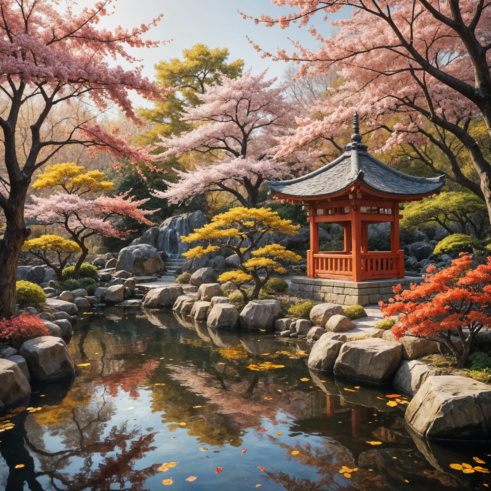Japanese Garden with Red Lanterns and Sakura Trees