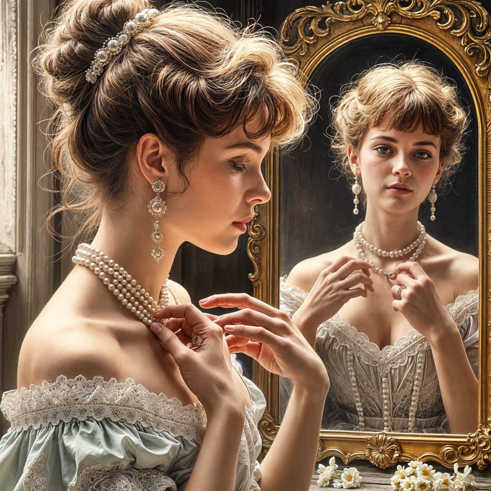 A Woman Adorns Herself with Pearls in Soft Golden Light