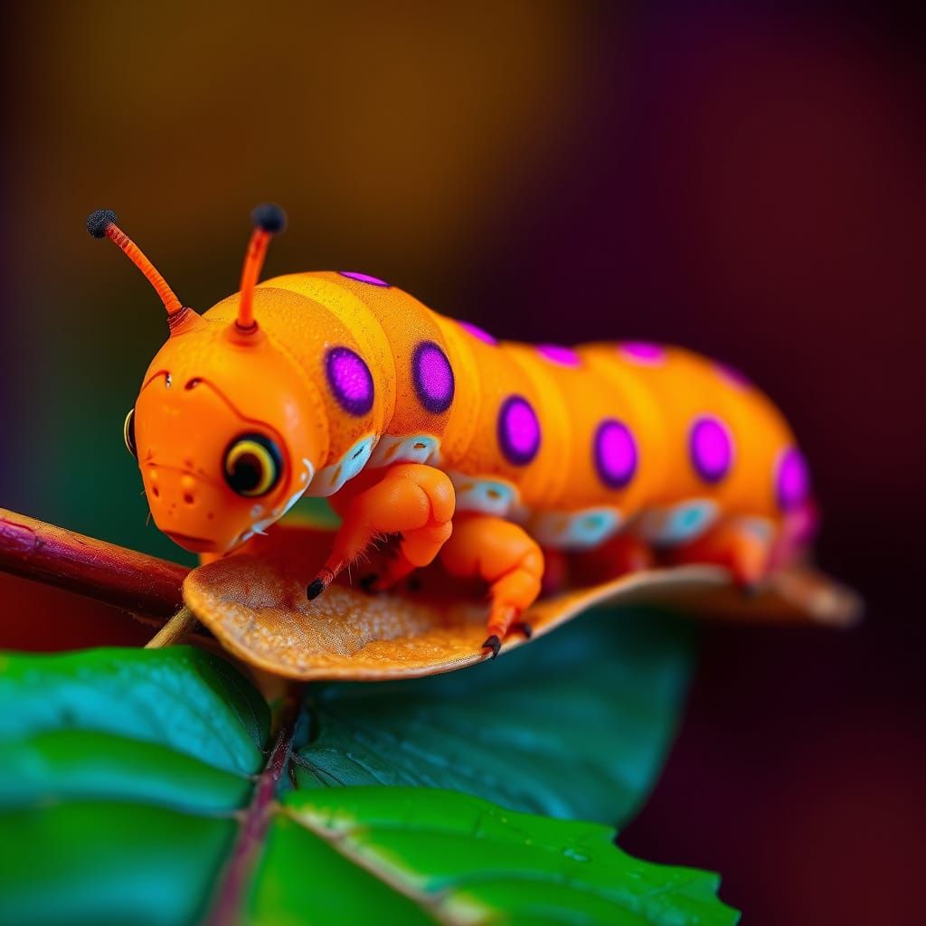 Vibrant Caterpillar in Neon-Lit Botanical Scene