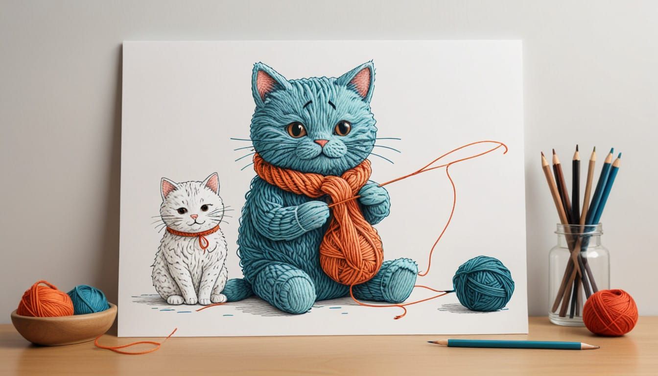 Cute Cats Engage in Whimsical Knitting Scene