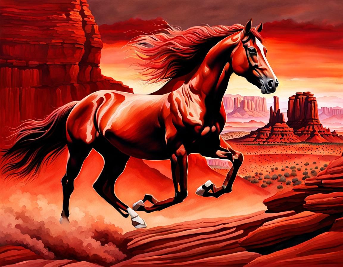 Red Roan Horse Galloping Through Red Rock Sunset