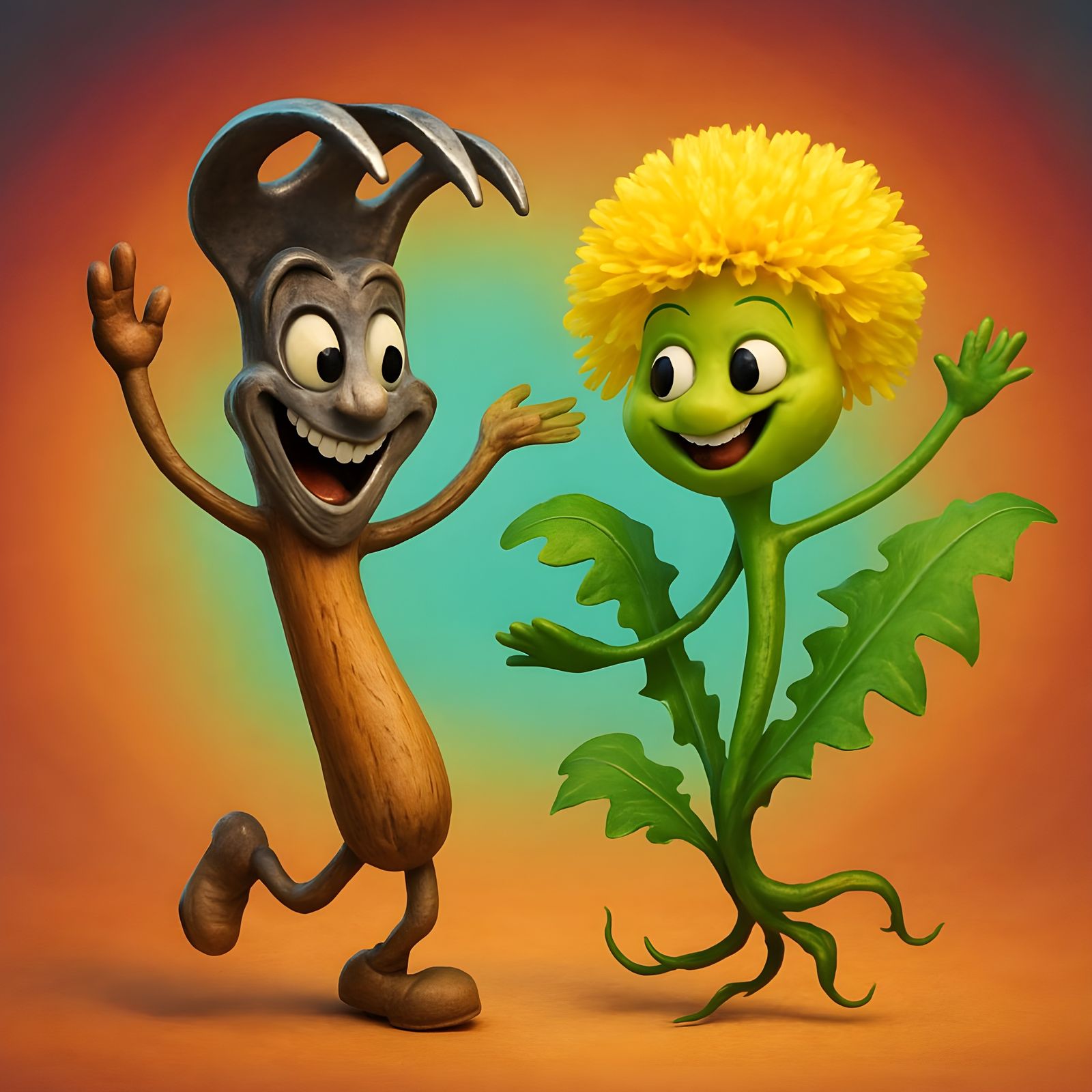 Weeding Tool Dances With Happy Dandelion, Fantasy Art
