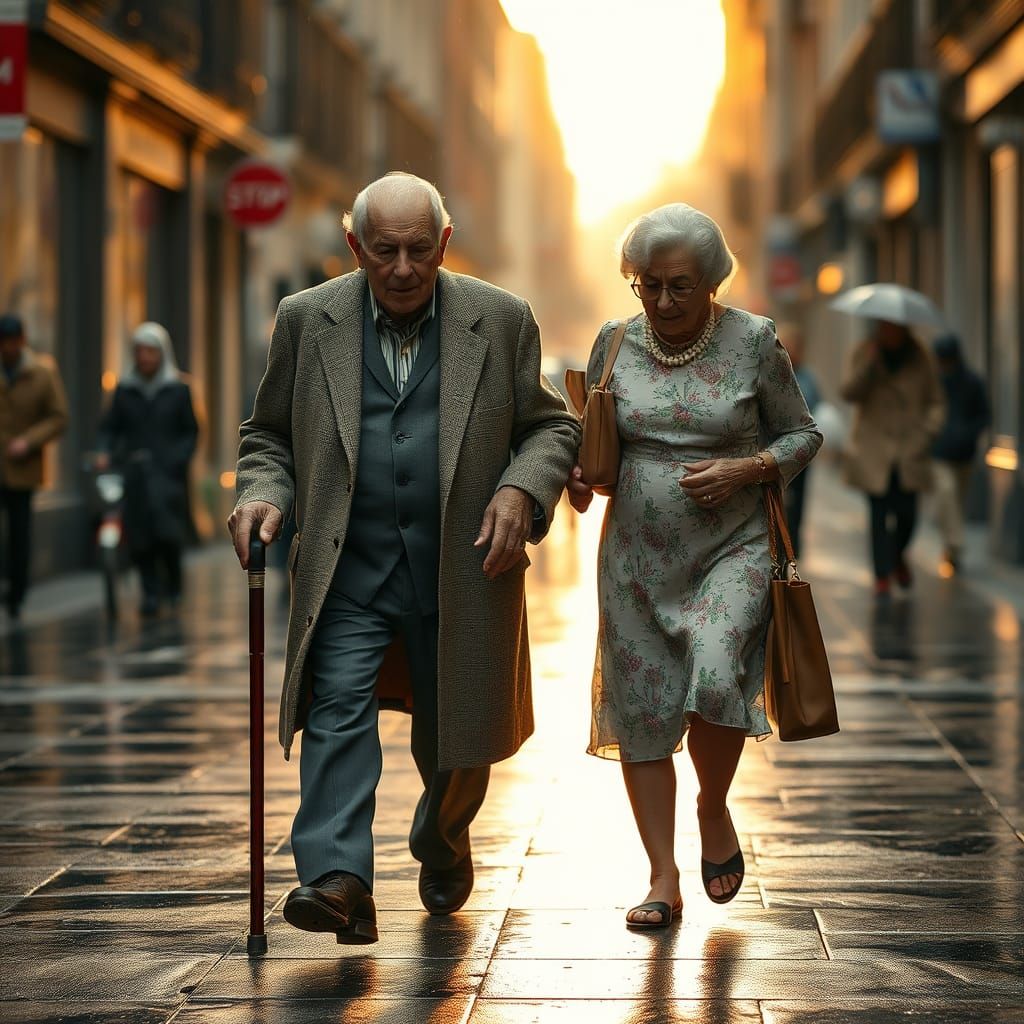 Elderly Man Helping Woman: Hyperrealistic Street Scene