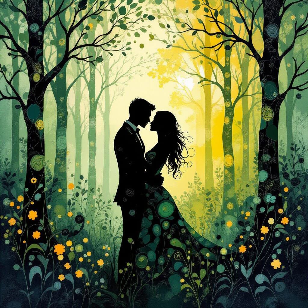 Romantic Couple in Forest: Mixed Media Composition