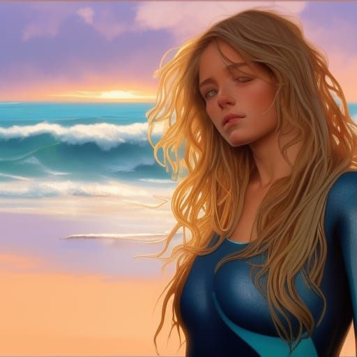 Attractive Surfer Girl Portrait at Sunset, Hyperdetailed Art