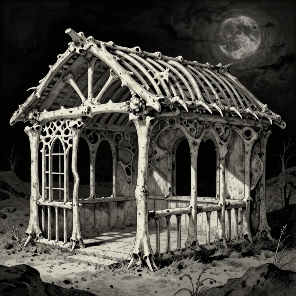 Macabre Dwelling Crafted From Bone in Moonlit Landscape