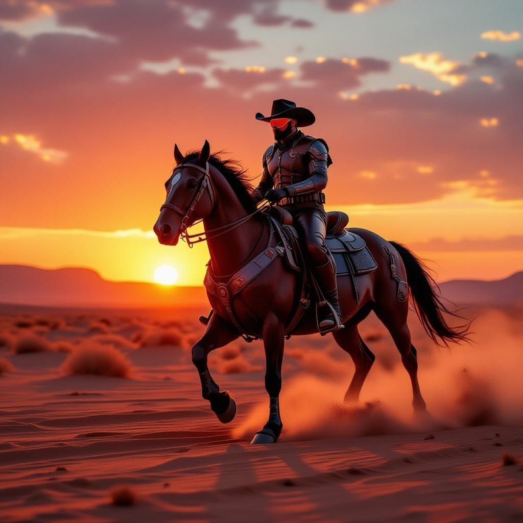 Cybernetic Riders in Alien Desert Sunset