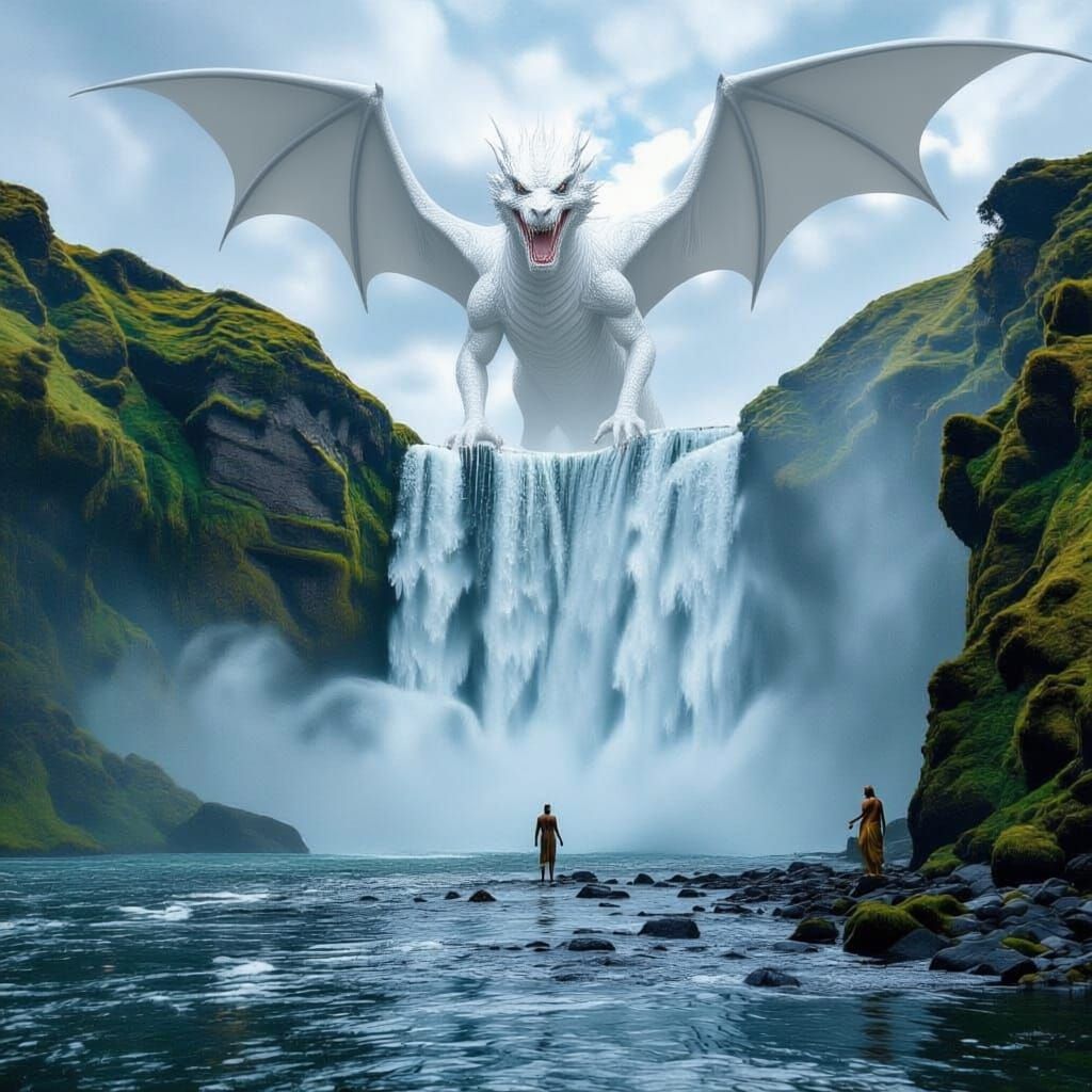 Ethereal Greek Gods Overlooking a Majestic Waterfall