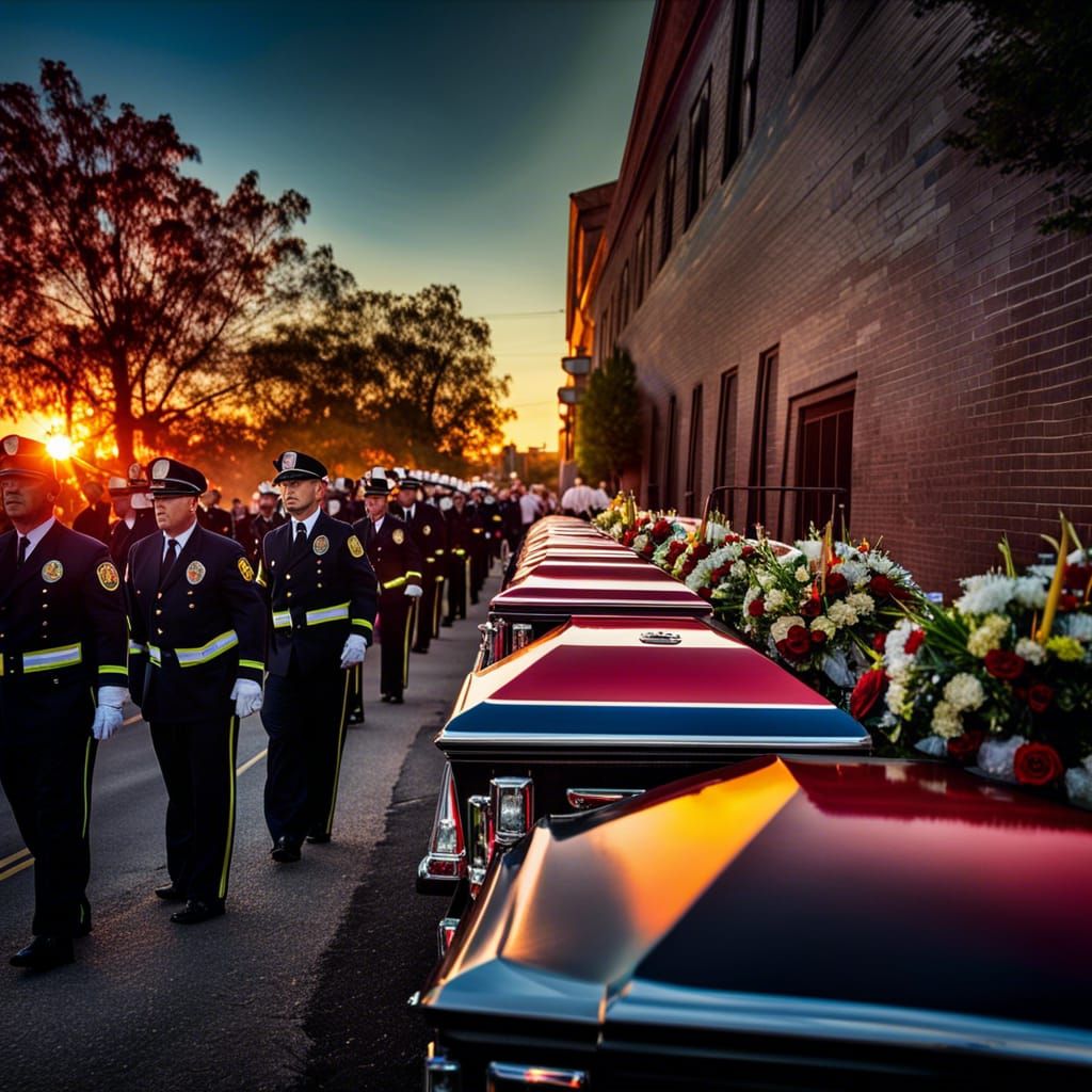 Firefighter Funeral Procession at Sunset