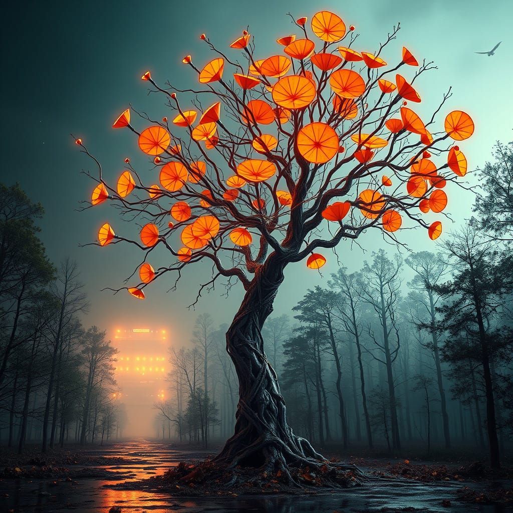 Cyberpunk Tree Glows with Ethereal Orange Leaves