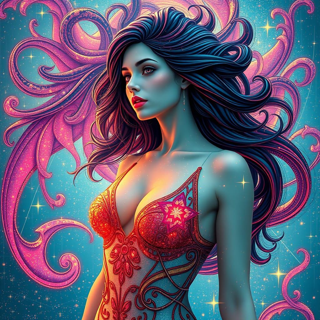 Ethereal Stardust Goddess in Art Nouveau Style