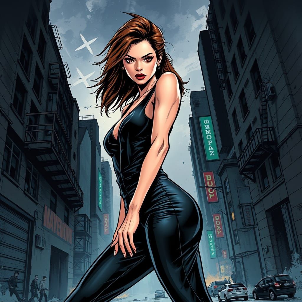 Dynamic Woman in Urban Setting, Comic Book Art