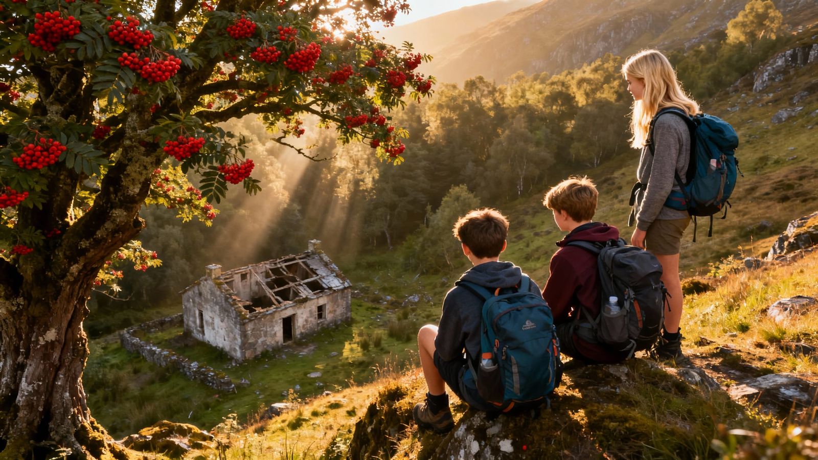 Hikers Admire Scottish Highlands Croft House