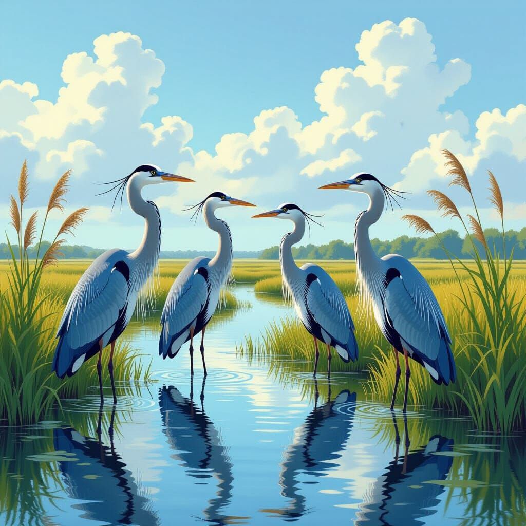 Great Blue Herons in Marshland, Wildlife Illustration