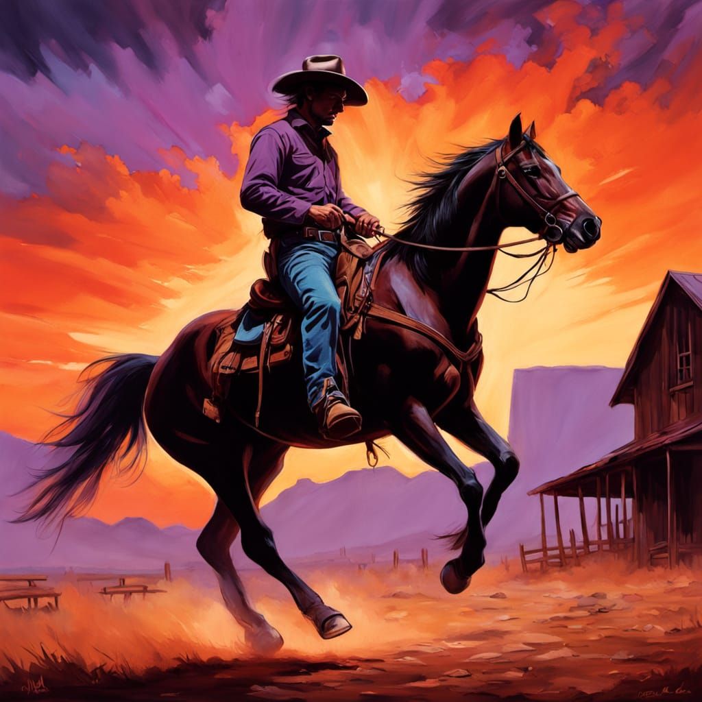 Lone Cowboy Rides Horse Through Dusty Sunset Oil Painting
