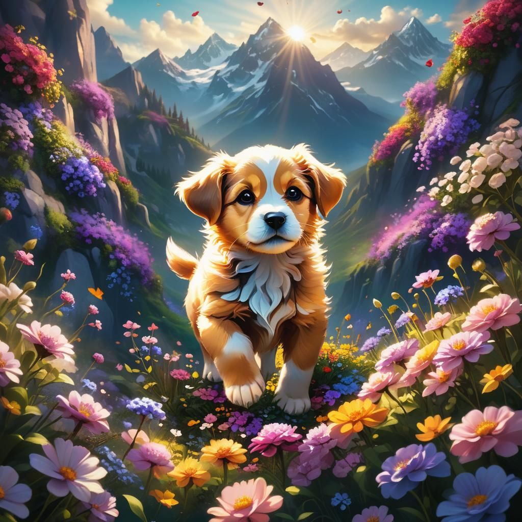 Puppy in a Dreamy Flower Fantasy World