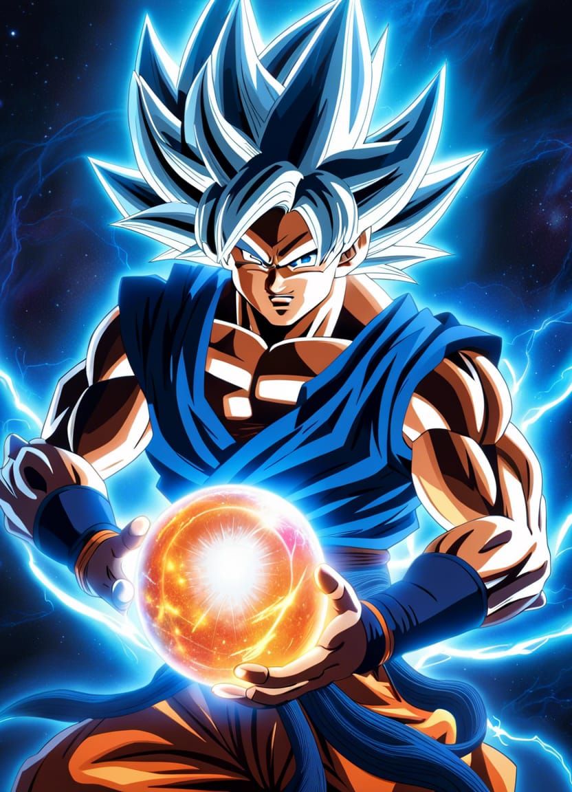 Goku Ultra Instinct: Blue Energy in Cosmic Space