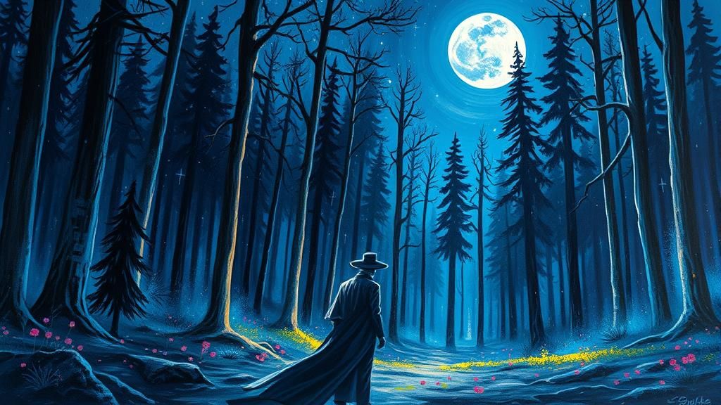 Mysterious Figure at Forest Entrance in Graffiti Art