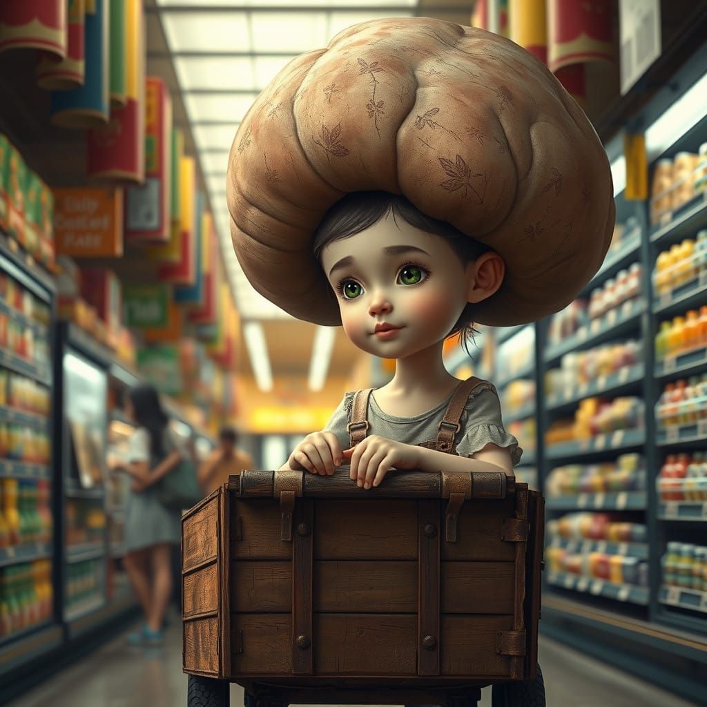 Girl with Enormous Head Shops in a Vibrant Grocery Store