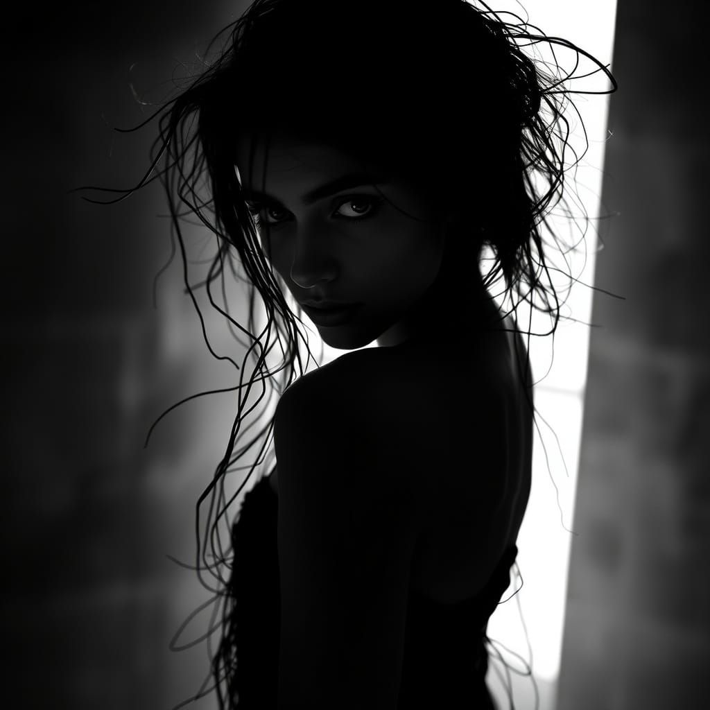 Surreal Portrait of a Mysterious Woman in Charcoal and Black