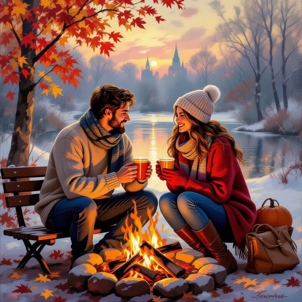 Cozy Autumn Bonfire in Impressionist Style